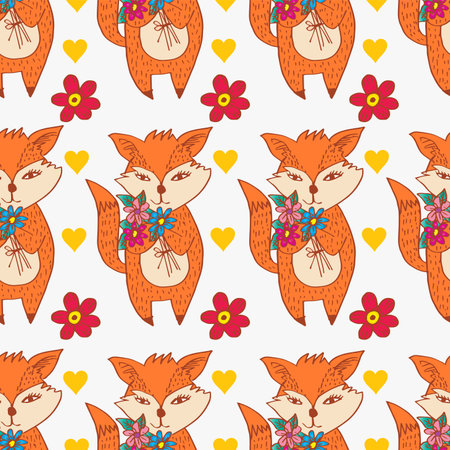 Seamless pattern with cute foxes and flowers. Vector illustration.のイラスト素材