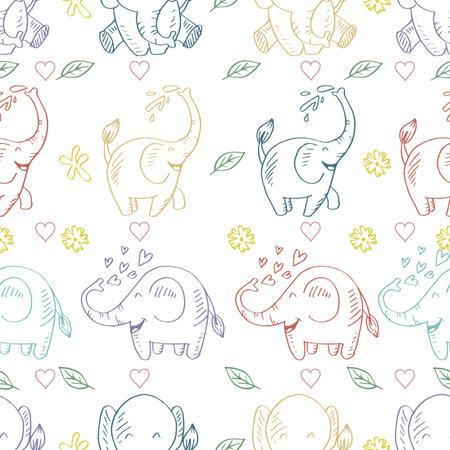 Seamless pattern with cute elephants and flowers. Vector illustration.のイラスト素材