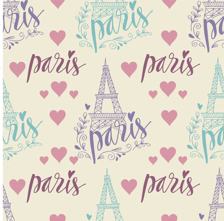Paris seamless pattern with Eiffel tower and hearts. Vector illustrationのイラスト素材