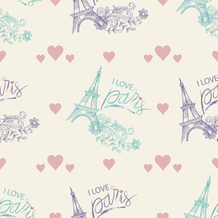 Seamless pattern with Eiffel Tower and hearts. 
I Love Paris. Vector illustrationのイラスト素材