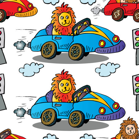 Seamless pattern with funny cartoon lions driving cars. Vector illustration.のイラスト素材