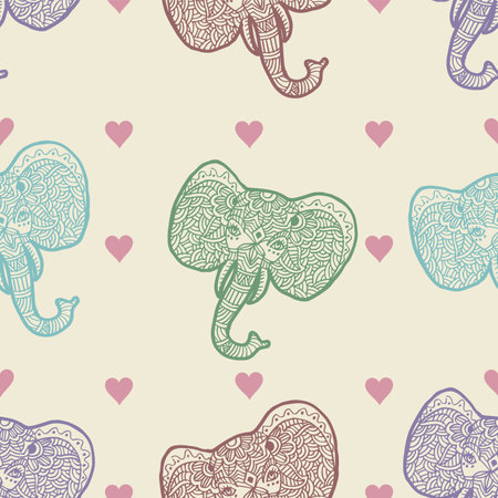 Seamless pattern with elephants and hearts. Vector illustration. Vintage style.のイラスト素材