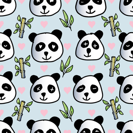 Seamless pattern with cute panda face and bamboo. Vector illustration.のイラスト素材