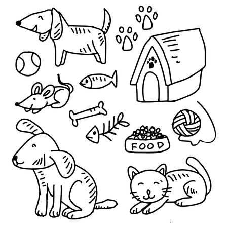 Set of cute hand drawn doodle pets. Vector illustration.のイラスト素材