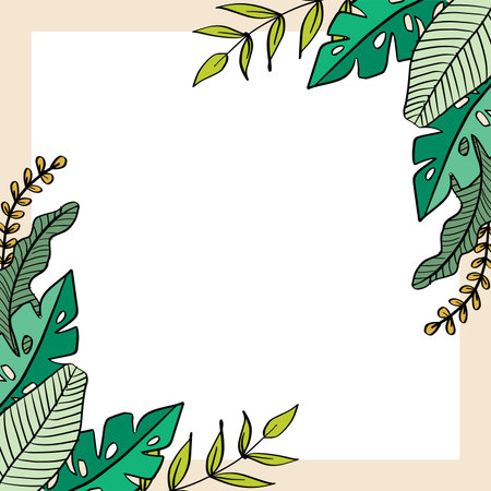 Frame with tropical leaves. Hand drawn vector illustration in doodle style.のイラスト素材