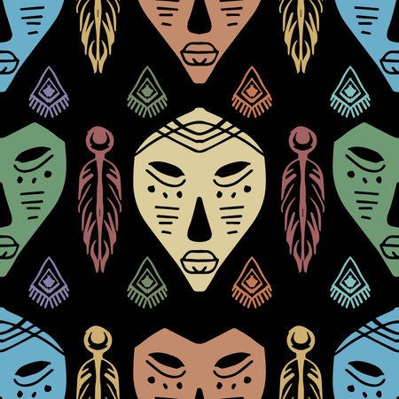 Ethnic seamless pattern with tribal mask and feathers on black background. Vector illustration.のイラスト素材