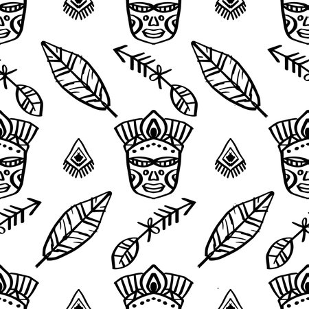 Seamless pattern with tribal mask and feathers. Black and white vector illustration.のイラスト素材
