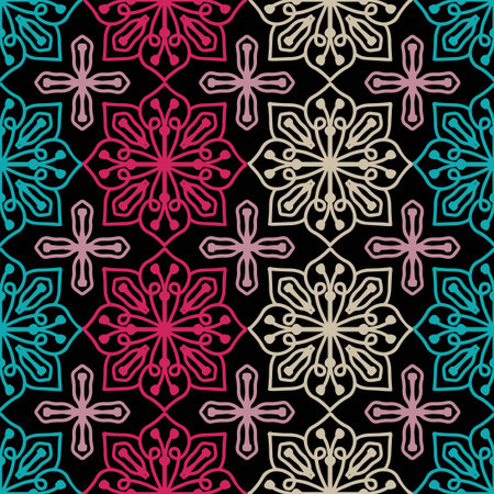 Seamless pattern with abstract modern geometric flower. Black background. Vector illustrationのイラスト素材