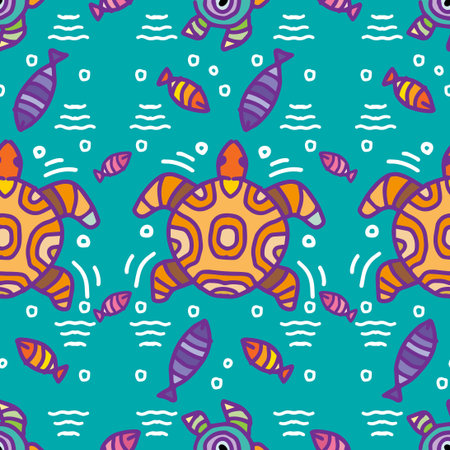Seamless pattern with sea turtles and fish. Vector illustration.のイラスト素材