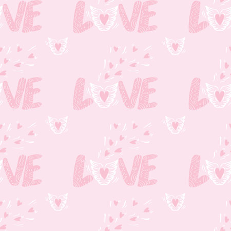 Seamless pattern with hand drawn love lettering and hearts. Pink background. Vector illustration.のイラスト素材