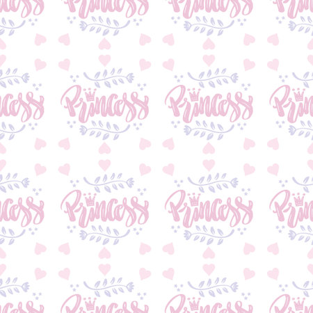 Seamless pattern with hand lettering princess  and  hearts. Vector illustration.のイラスト素材