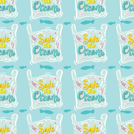 Seamless pattern with hand drawn save the oceans. Save water poster. Vector illustration.のイラスト素材