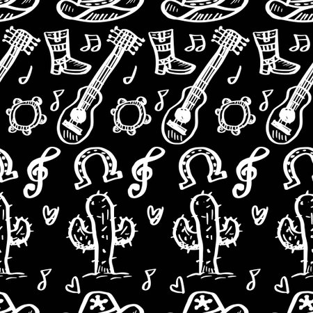 Seamless pattern with country western music. Black and white background. Vector illustration.のイラスト素材