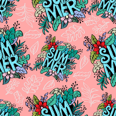 Seamless pattern with hand drawn flowers and lettering summer. Vector illustration.