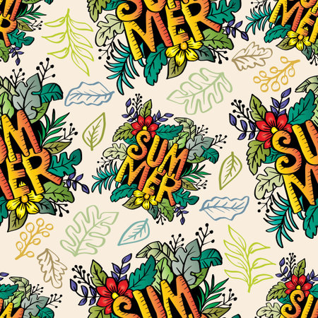 Seamless pattern with hand drawn flowers and lettering summer. Vector illustration.