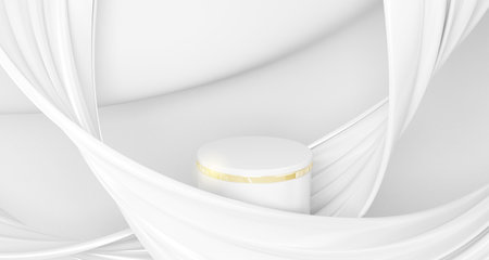 white podium and golden strip line element on white background with white fluid. light effects decorations. Realistic luxury modern design concept. 3d illustration.の写真素材