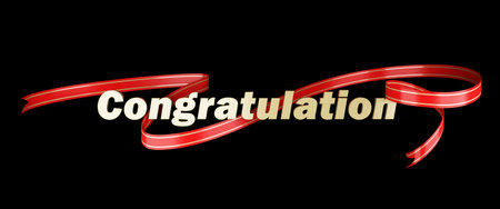 Realistic 3D illustration of the word letter congratulations There is a red ribbon with gold stripes wrapped around the words golden congratulations.の写真素材