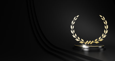 3D illustration There is an empty space on the left, gold cylinder podium and laurel Leaf crown. Abstract minimal studio geometric shape object. Pedestal mockup space for display of product design.の写真素材