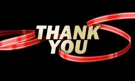 Realistic 3D illustration of the word letter thank you There is a red ribbon with gold stripes wrapped around the words golden thank you.の写真素材