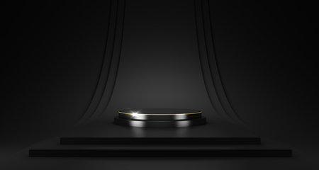 3D illustration Empty black, gold cylinder podium.placed on the stage. Abstract minimal studio geometric shape object. Pedestal mockup space for display of product design. 3d rendering.の写真素材