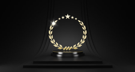 Front view black, gold cylinder podium and laurel Leaf crown. Abstract minimal studio geometric shape object. Pedestal mockup space for display of product design. 3d rendering.の写真素材