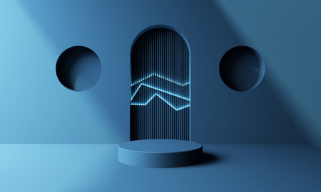 3d illustration one podium placed in front of the blue wall bore an arch shaped like a door. And there are spaces like round windows on both sides as a front view. to show outdoor or indoorの写真素材