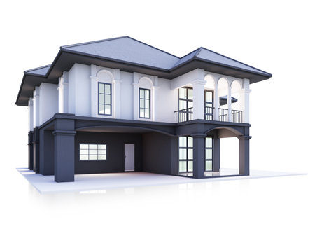 3D illustration, architecture, modern style two-storey house, white, gray roof,rendering on isolate background.の写真素材