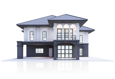 3D illustration, architecture, modern style two-storey house, white, gray roof,rendering on isolate background.の写真素材