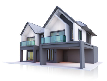Realistic 3D illustration, architecture, modern style two-storey house, white, gray roof,rendering on isolate background.の写真素材