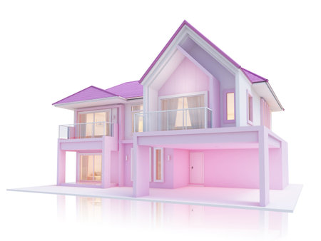 Realistic 3D illustration, architecture, modern style two-storey house, pink, pink roof,rendering on isolate background.の写真素材