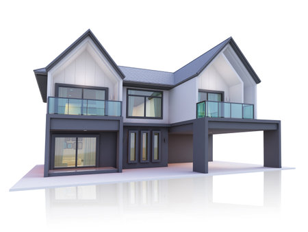 Realistic 3D illustration, architecture, modern style two-storey house, white, gray roof,rendering on isolate background.の写真素材