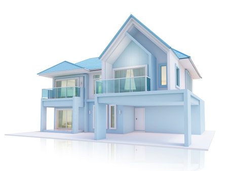 Realistic 3D illustration, architecture, modern style two-storey house, blue, blue roof,rendering on isolate background.の写真素材