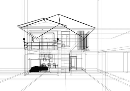 Illustration, line drawing, perspective, realistic, a modern house isolates on a white backgroundの写真素材