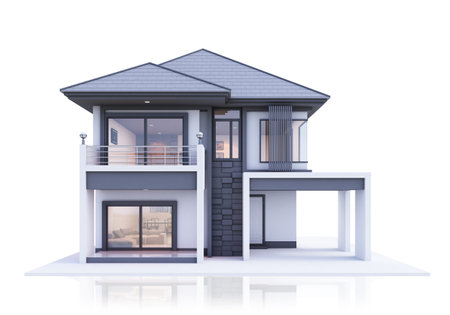 3D illustration, architecture, modern style two-storey house, white, gray roof,rendering on isolate background.の写真素材
