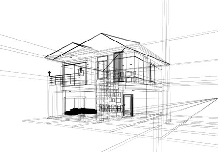 Illustration, line drawing, perspective, realistic, a modern house isolates on a white backgroundの写真素材