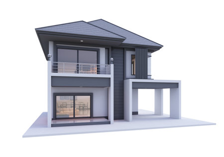 3D illustration, architecture, modern style two-storey house, white, gray roof,rendering on isolate background.の写真素材