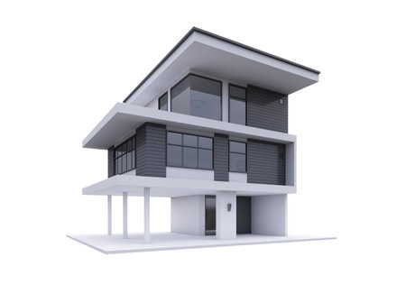 3D illustration, realistic, one modern white house, rectangular, side view. isolates on a white backgroundの写真素材