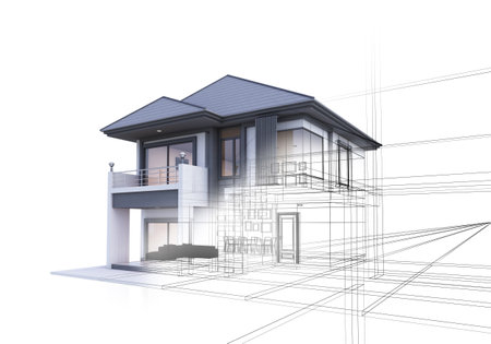 3D illustration, architecture, house blended with line drawings. Referring to the formationの写真素材