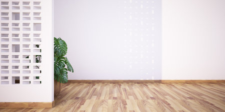 3d illustration A wooden-floored room where light and shadow seep through the vent wall falls on the white wall.の写真素材