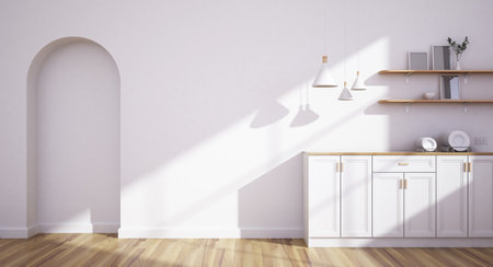 3D illustration Modern kitchen with sunlight and window shadows on white wall There is a kitchen counter and kitchen utensils. There is a wooden shelf, relaxing.の写真素材