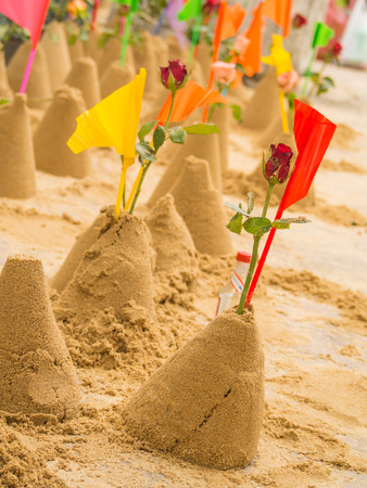 Sand Pagodas with colorful flags in Songkran Festival, Wat Pho, Thailandの写真素材