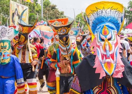 Colorful ghost mask used in Phi Ta Khon Festival, Loei, Thailandのeditorial素材