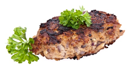 Burger decorated with parsley isolated on white backgroundの写真素材