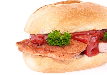 Meat loaf roll with parsley and ketchup isolated on white backgroundの写真素材