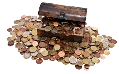 Treasure with Euro-Coins (total view) isolated on white backgroundの写真素材