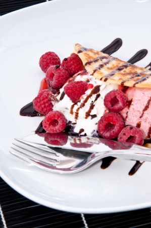 Fresh made Raspberry Ice Cream in a Pan Cake decorated with fresh Raspberries and Chocolate Syrupの写真素材