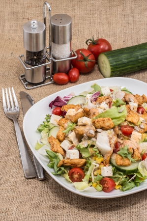 Big Salad with Chicken and Cheese on brown backgroundの写真素材