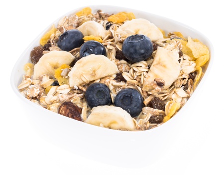 Mixed Muesli with Blueberries and Bananas isolated on white backgroundの写真素材