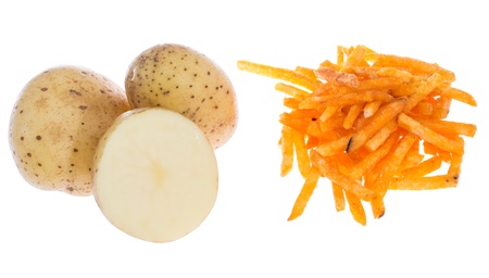 Heap of Potato Sticks with fresh Potatoes isolated on whiteの写真素材