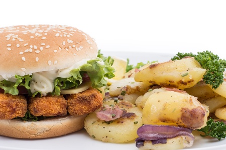 Plate with fried Potatoes and a Fish Burger isolated on whiteの写真素材